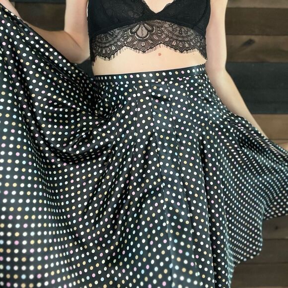 90s / Y2K Rampage Knee Length Circle Skirt Black with Pastel Polka Dots - Picture 5 of 9